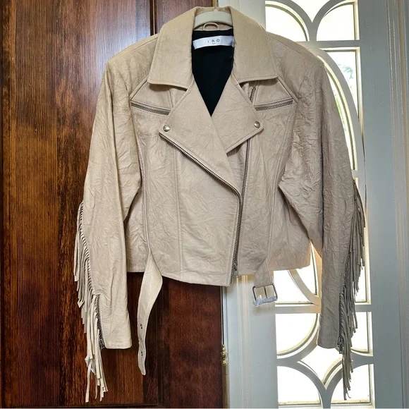 NWT IRO Marom Fringed Crinkled Leather Biker Jacket 38 M Beige - Picture 4 of 11